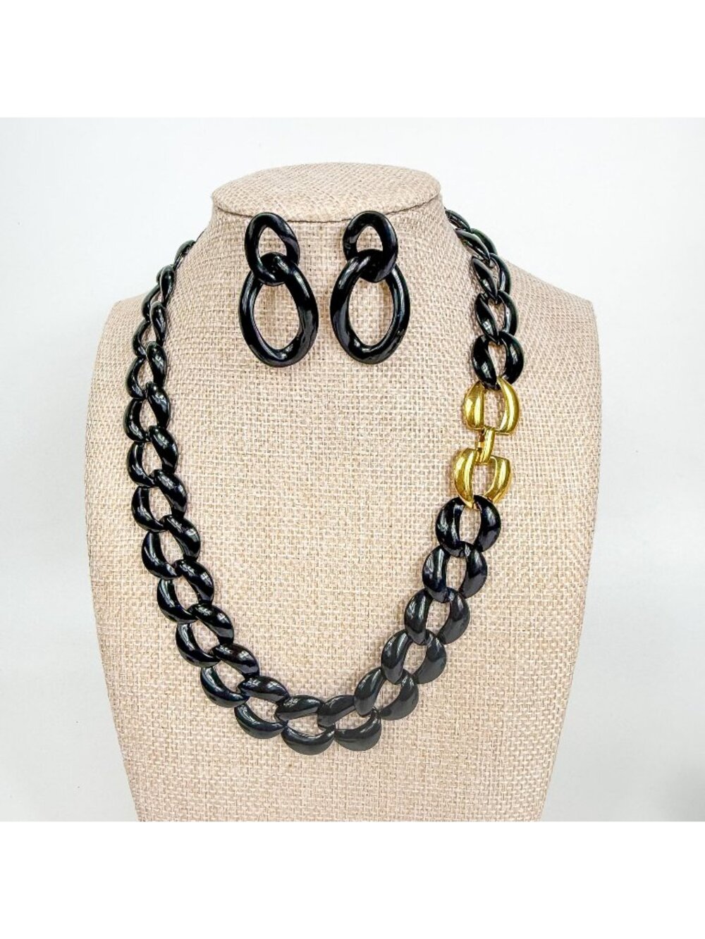 Vintage Napier Gold Black Enamel Chunky Chain Necklace & Pierced Earrings Set